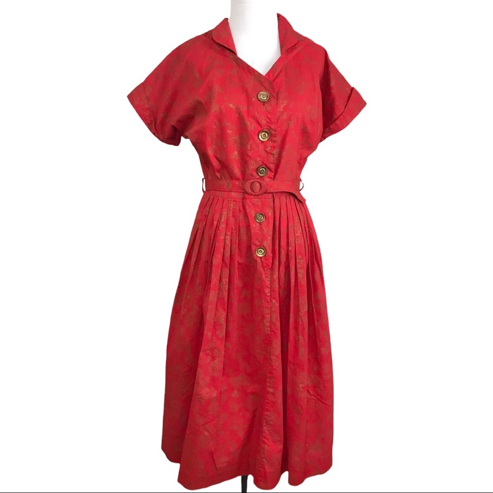 Vintage 1950s Red and Gold Shirtdress
